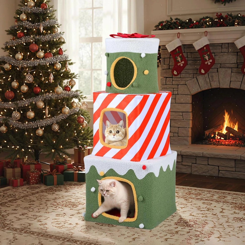 Albero di Natale per Gatti da Interno, Tiragraffi per Gatti con 3 Condo, Caverne Nascoste e Pallina Appesa, Grande Torre Impilabile a Forma di Scatola Regalo per Decorazioni Natali