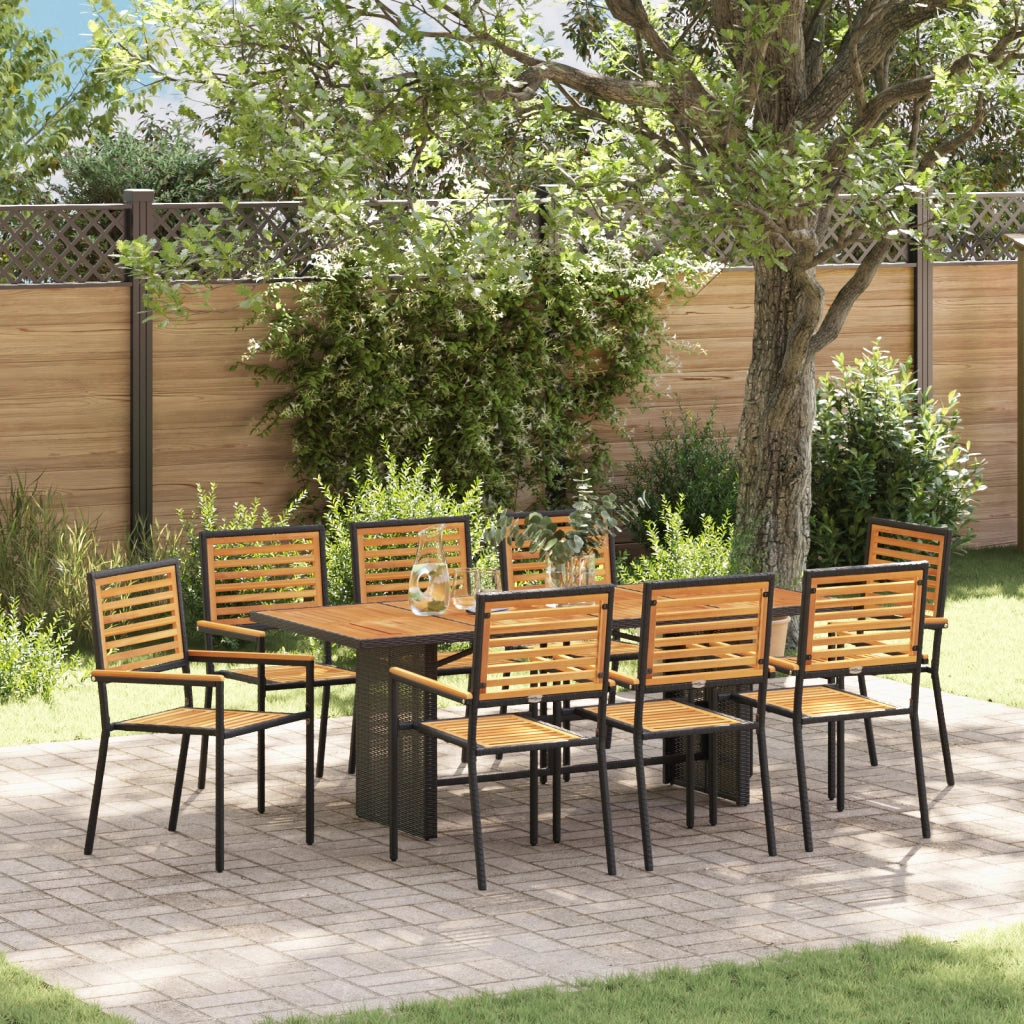 Set da Pranzo da Giardino in Rattan Sintetico Nero Acacia 9 Pezzi