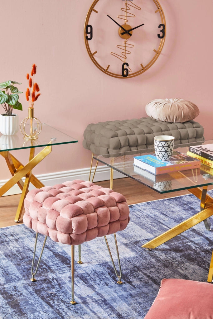 Marvin Pouf in Velluto Intrecciato con Gambe in Metallo Oro Cromato Sophie Poggiapiedi Sgabello per Casa Soggiorno  Rosa