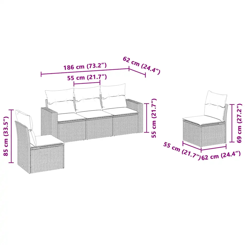 Set Divano da Giardino 5pz con Cuscini Grigio Chiaro Polyrattan 3218782