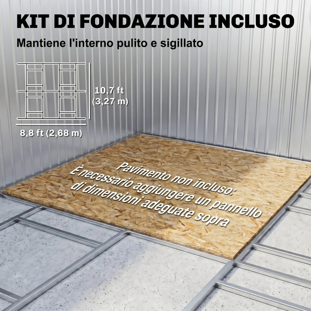 Casetta da Giardino 12.4m2 in Acciaio Zincato con kit Fondazione, Prese d'Aria, Capanno da Giardino con Tetto Inclinato, Grigio
