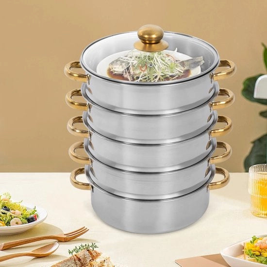 Pentola a vapore 5 livelli, tavola di cottura in acciaio inossidabile, pentola a vapore 28*45 cm per forni a gas, induzione, kit composto da 

Livelli: 5
Dimensioni: 28*45 cm
Materiali: Acciaio inossidabile
Compatibilità: Forni a gas, induzione