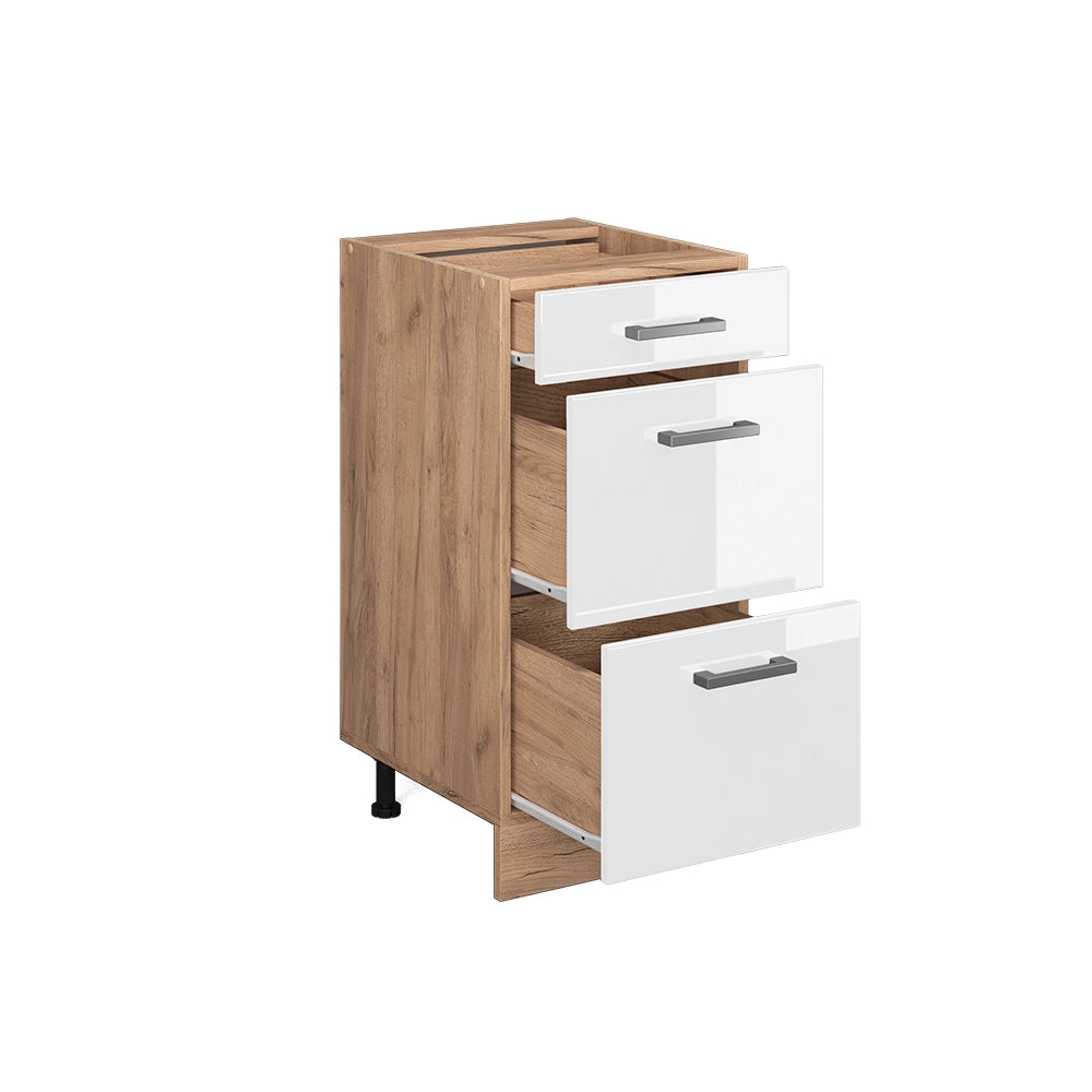 Mobiletto base per cucina R-Line Bianco lucido/Rovere dorato 40 cm con cassetti, PL Rovere Vicco