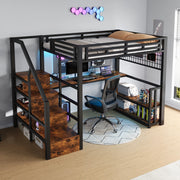 Letto a soppalco 140 × 200 cm con scrivania ripiani scala contenitore metallo MDF nero LED USB e porta Type-C