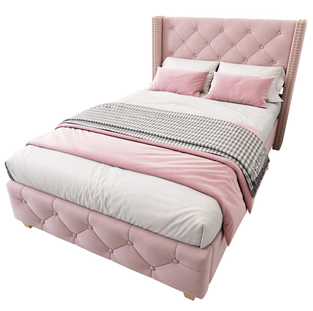 Letto imbottito 90x200 cm in velluto rosa con testiera capitonné e rete a doghe