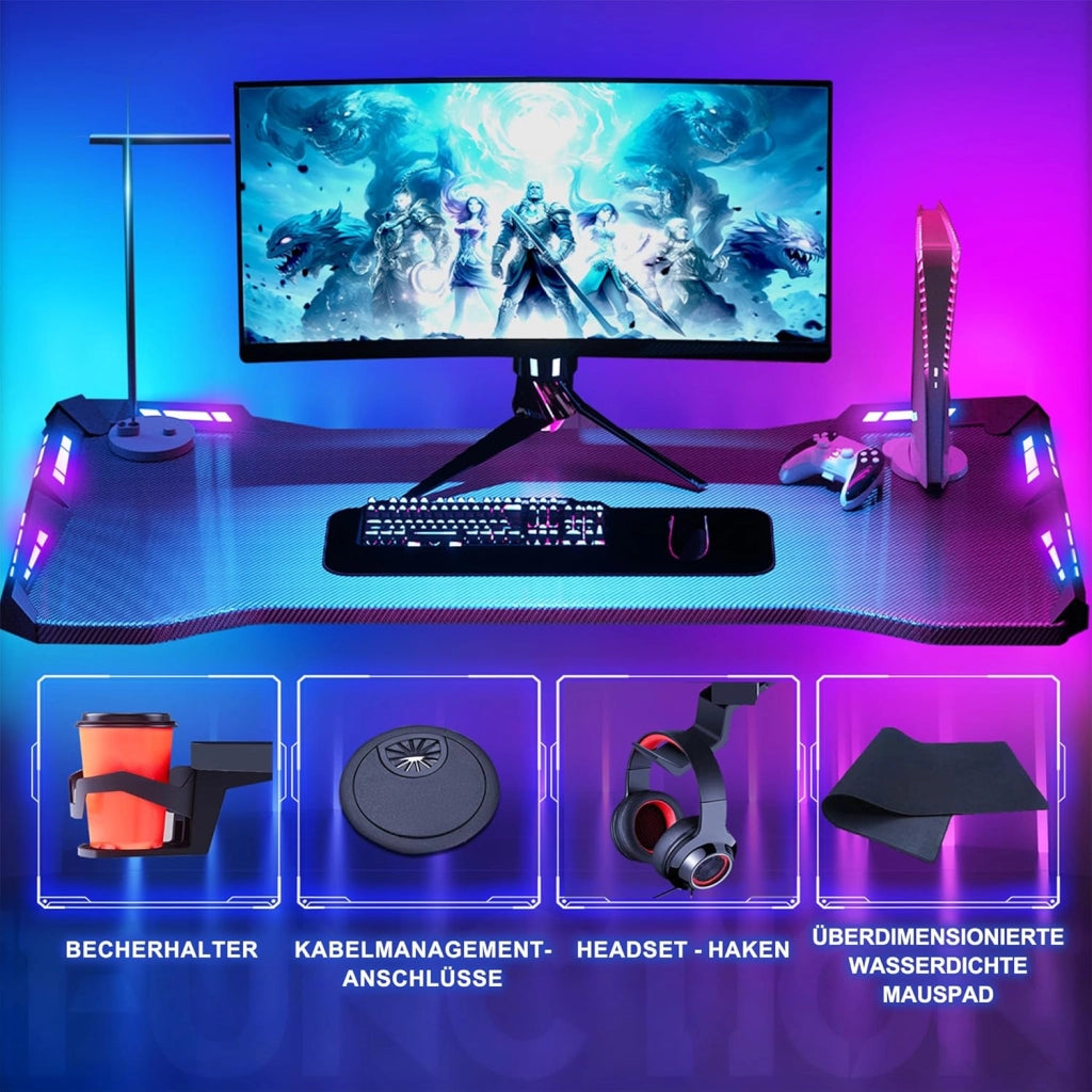 Tavolo da gioco con LED, 120 x 60 cm, scrivania da gioco con porta bevande e gancio per cuffie, tavolo da gioco con rivestimento in fibra di carbonio, nero, telaio a Y