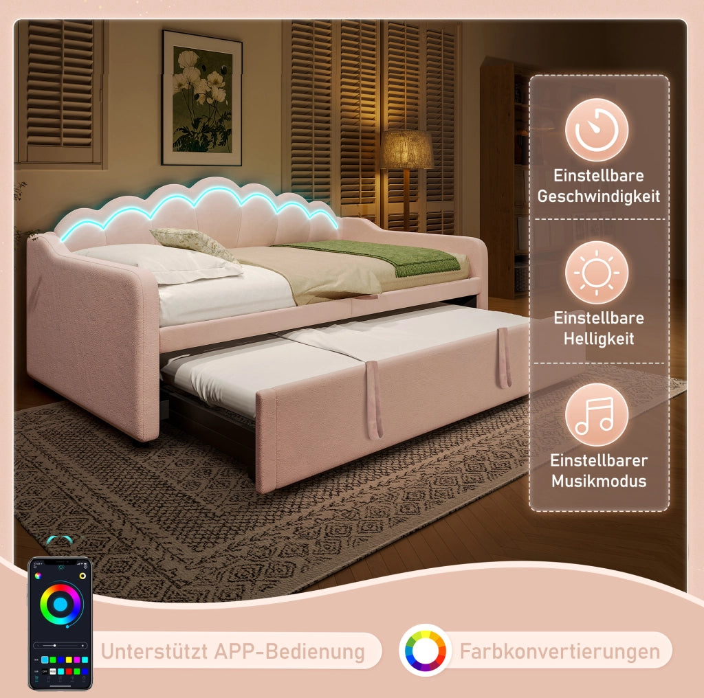 Letto estraibile in velluto rosa con LED 90x200/180x200 cm
