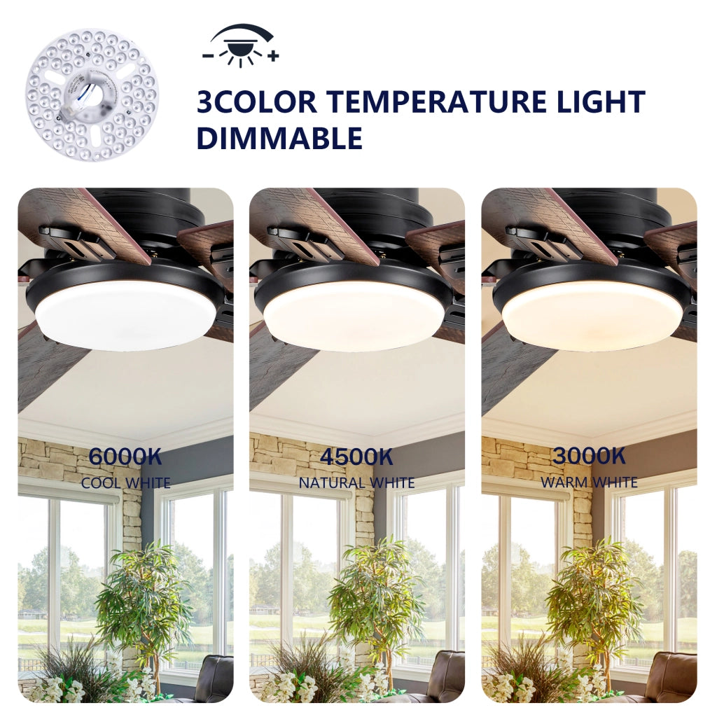 Ventilatore da soffitto nero con luce e telecomando 6 velocità motore DC reversibile 52 pollici metallo e legno