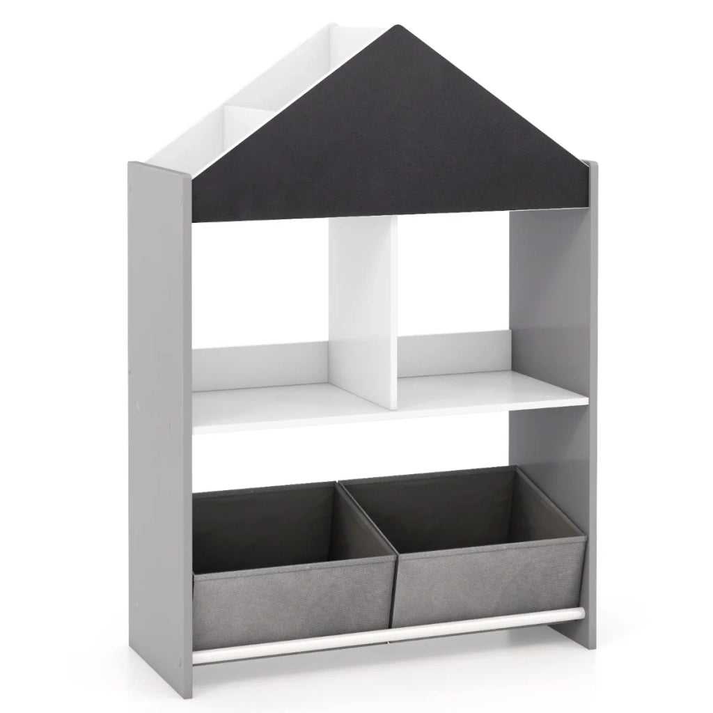 Libreria per bambini a forma di casa 63 x 27 x 90 cm con 4 scomparti e una lavagna in MDF grigia 20_0014779