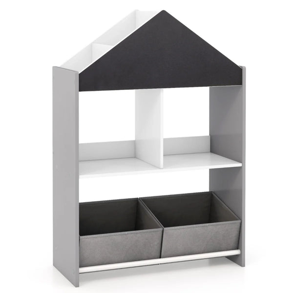 Libreria per bambini a forma di casa 63 x 27 x 90 cm con 4 scomparti e una lavagna in MDF grigia 20_0014779