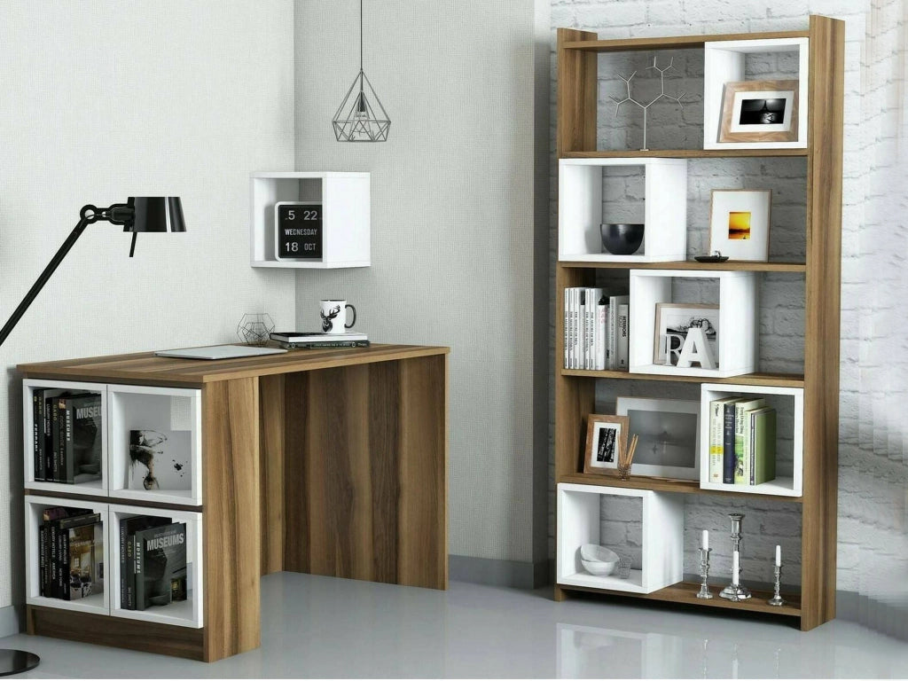 Scrivania Hongyu, Scrittoio multiuso, Tavolo per ufficio porta PC con libreria, 120x65h75 cm, Noce e Bianco