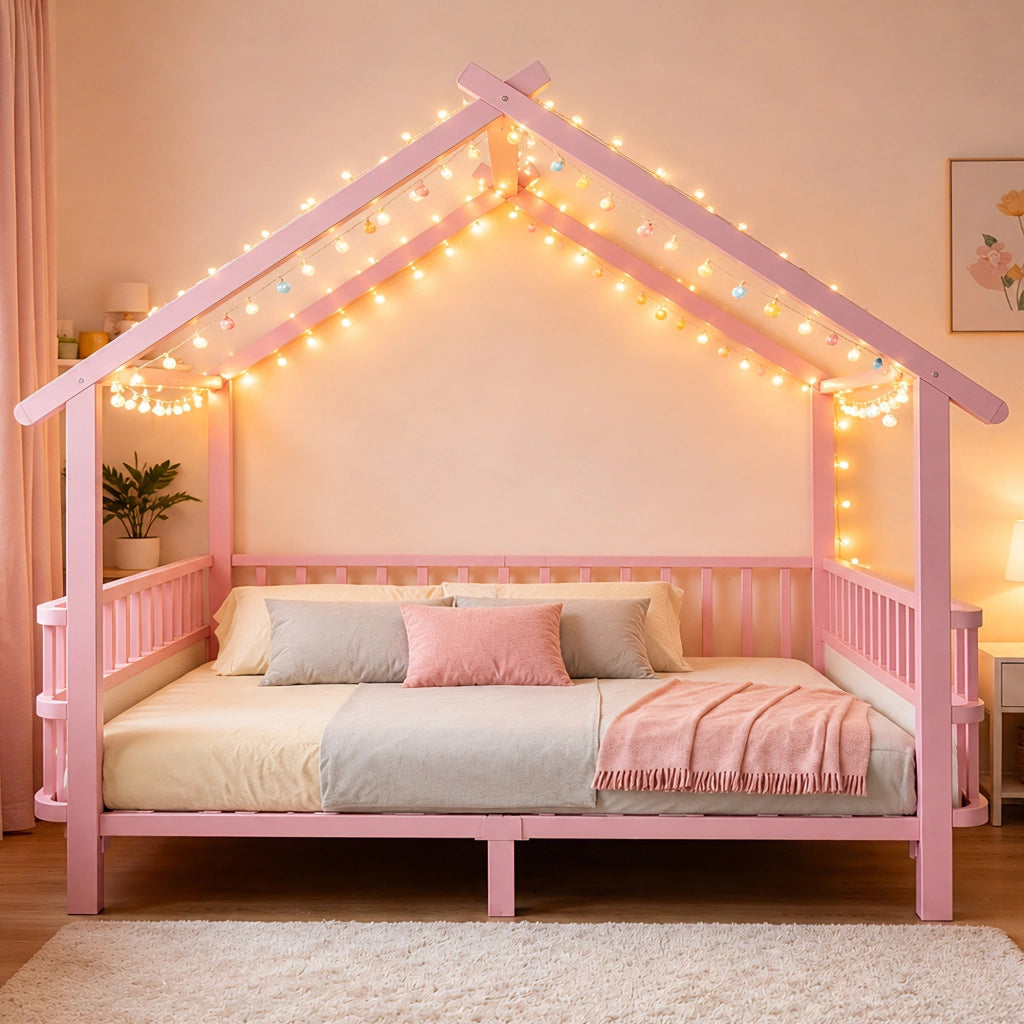 LETTO per bambini 140 x 200 cm in metallo rosa con struttura a casa e sponde