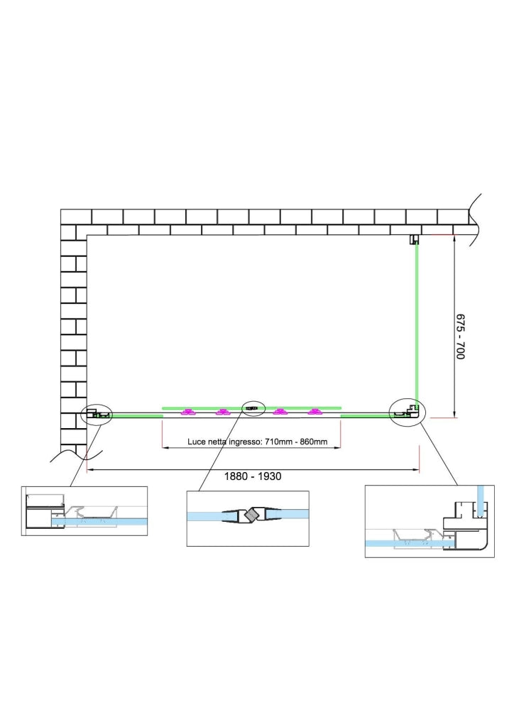 Box doccia 6 mm H 190 parete fissa e porta a 4 ante con apertura centrale MISURA 67,5-70 ANTA FISSA + PORTA 188-193