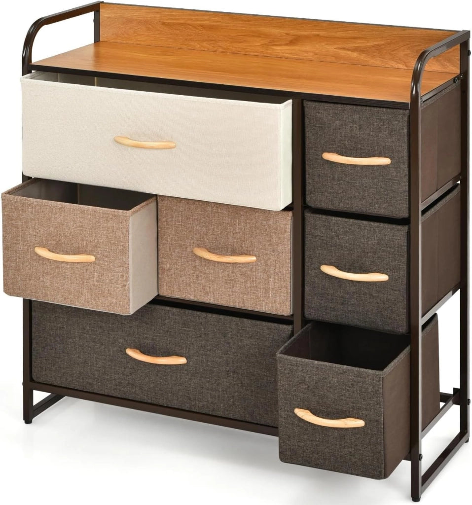 Cassettiera con 7 cassetti in tessuto pieghevole, armadio portaoggetti con gambe regolabili, mobile portaoggetti con cassetti di 3 dimensioni, tonalità marrone generale, 80 x 29 x 79 cm