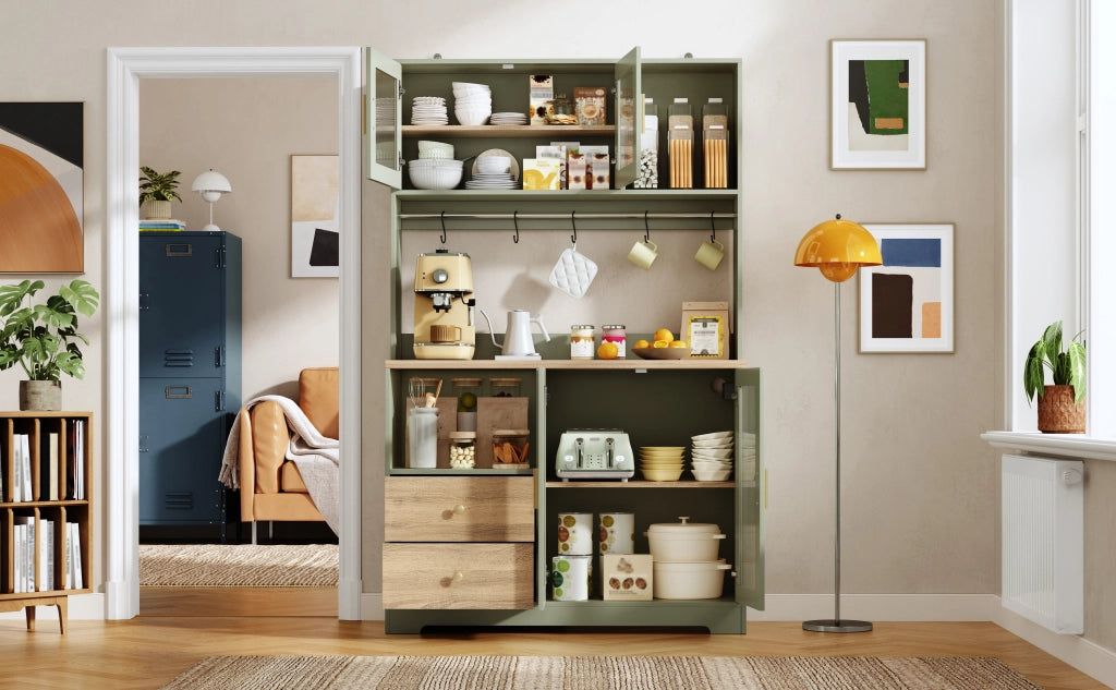 Credenza alta con vetrina, LED e prese USB, 4 ante in vetro temperato, per cucina, verde, 40 × 110 × 178 cm