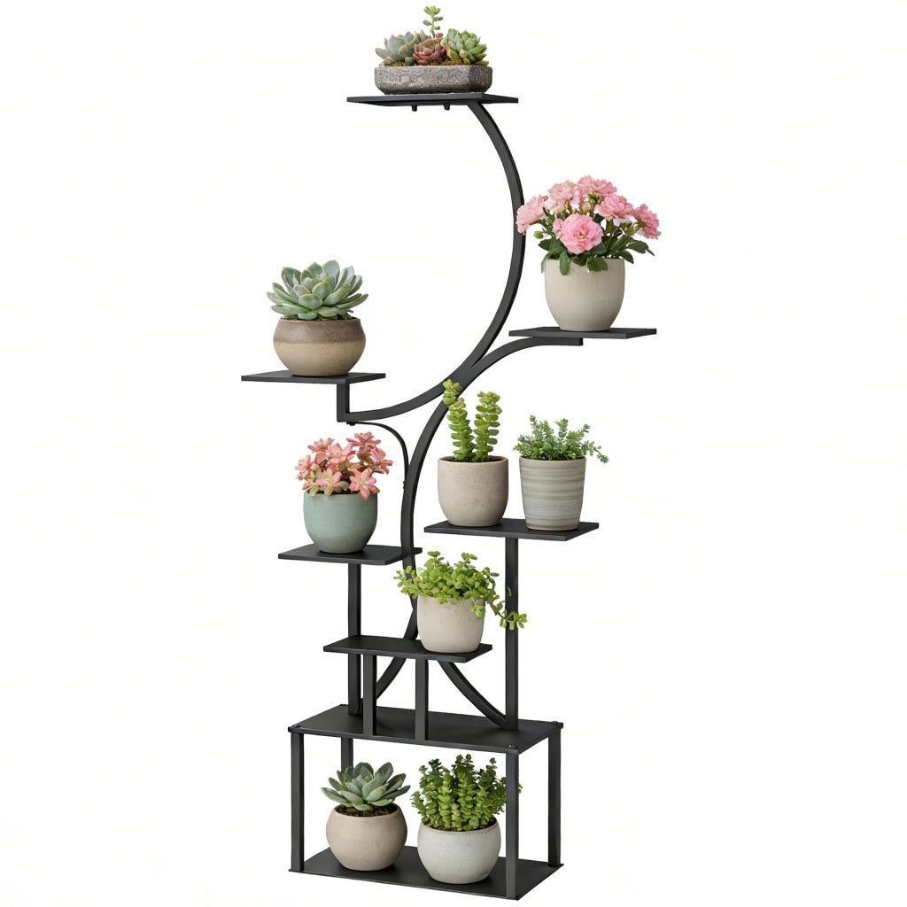 Portapiante a 8 Livelli con Design a S per Interni ed Esterni, in Metallo, 74x26x158.5 cm, Nero