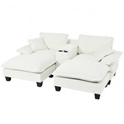 Divano modulare con contenitore; USB e portabicchieri con 2 pouf e 2 cuscini in chenille beige