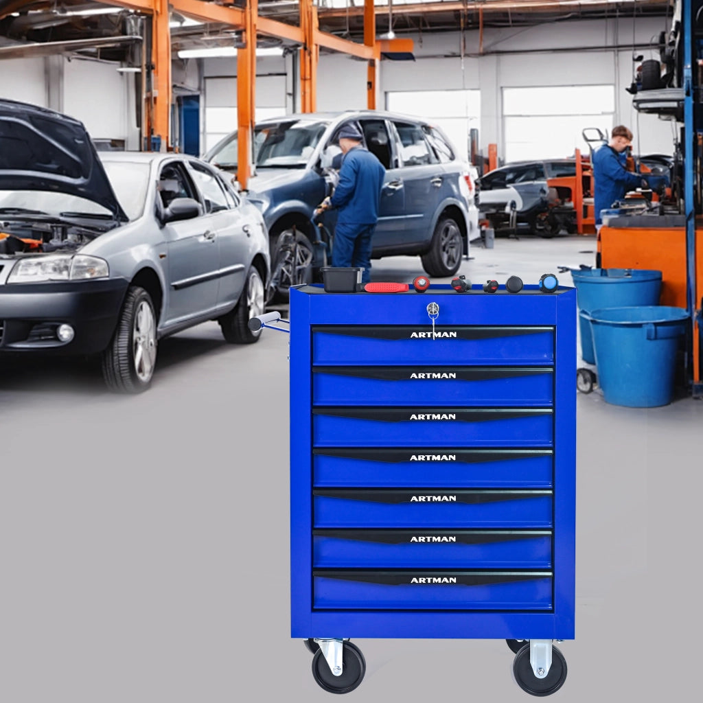 Cassettiera con ruote in acciaio con 7 cassetti e guide a sfere per garage e officina nero e blu 60 × 33 × 77,5 cm