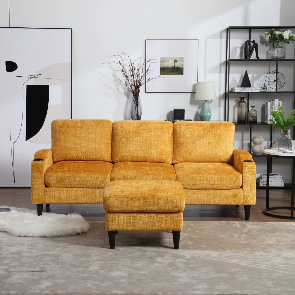 Divano a 4 Posti con Pouf Contenitore; Portabicchieri e Tasche Laterali; in Ciniglia Gialla; 196;5 x 75 x 77 cm