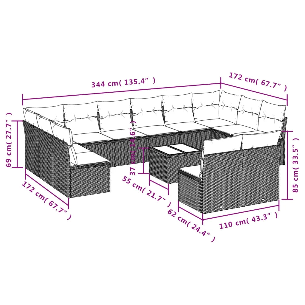Set Divano da Giardino 13 pz con Cuscini Beige in Polyrattan 3250217