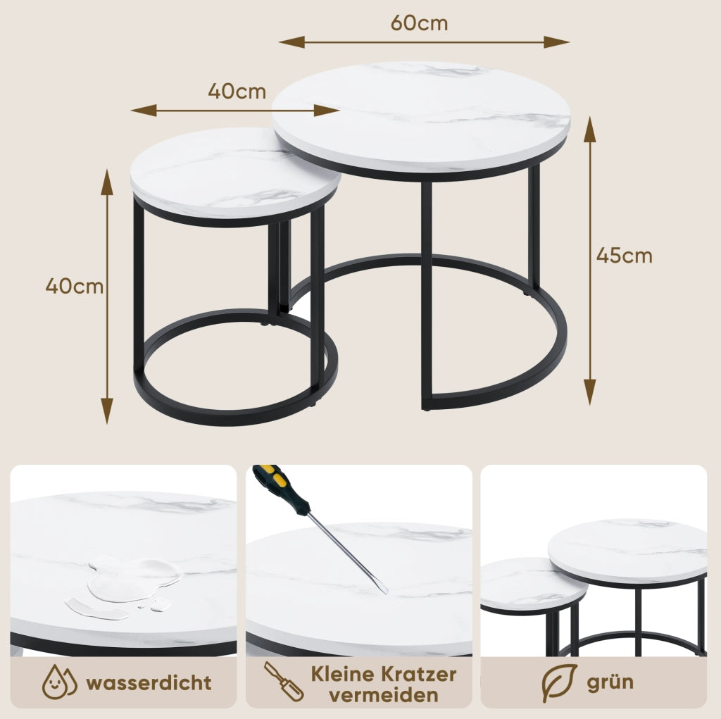 Set di 2 tavolini da caffè rotondi impilabili 60/40 cm in truciolare e metallo; bianco