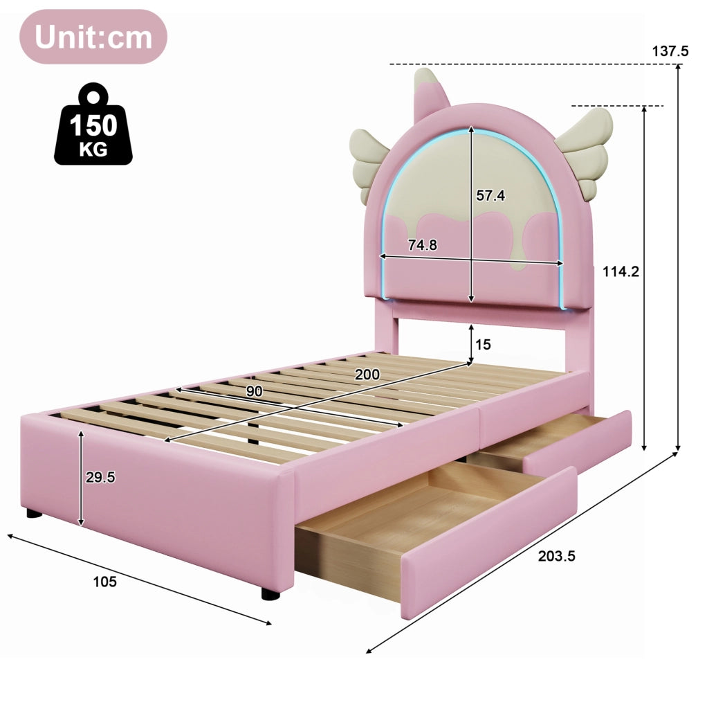 Letto imbottito a unicorno con luce e 2 cassetti, 90×200 cm rosa