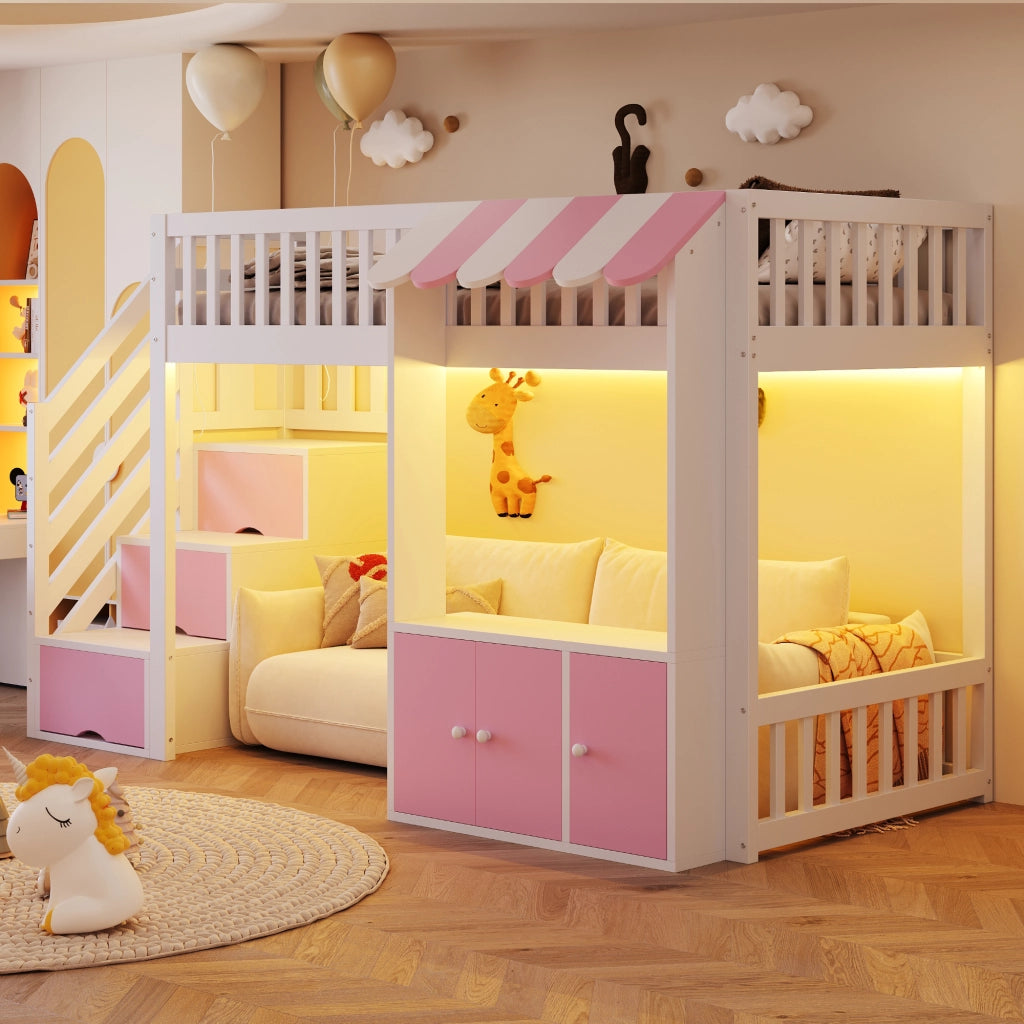 Letto a soppalco in legno con armadio e scala contenitore, 90x200 cm, rosa