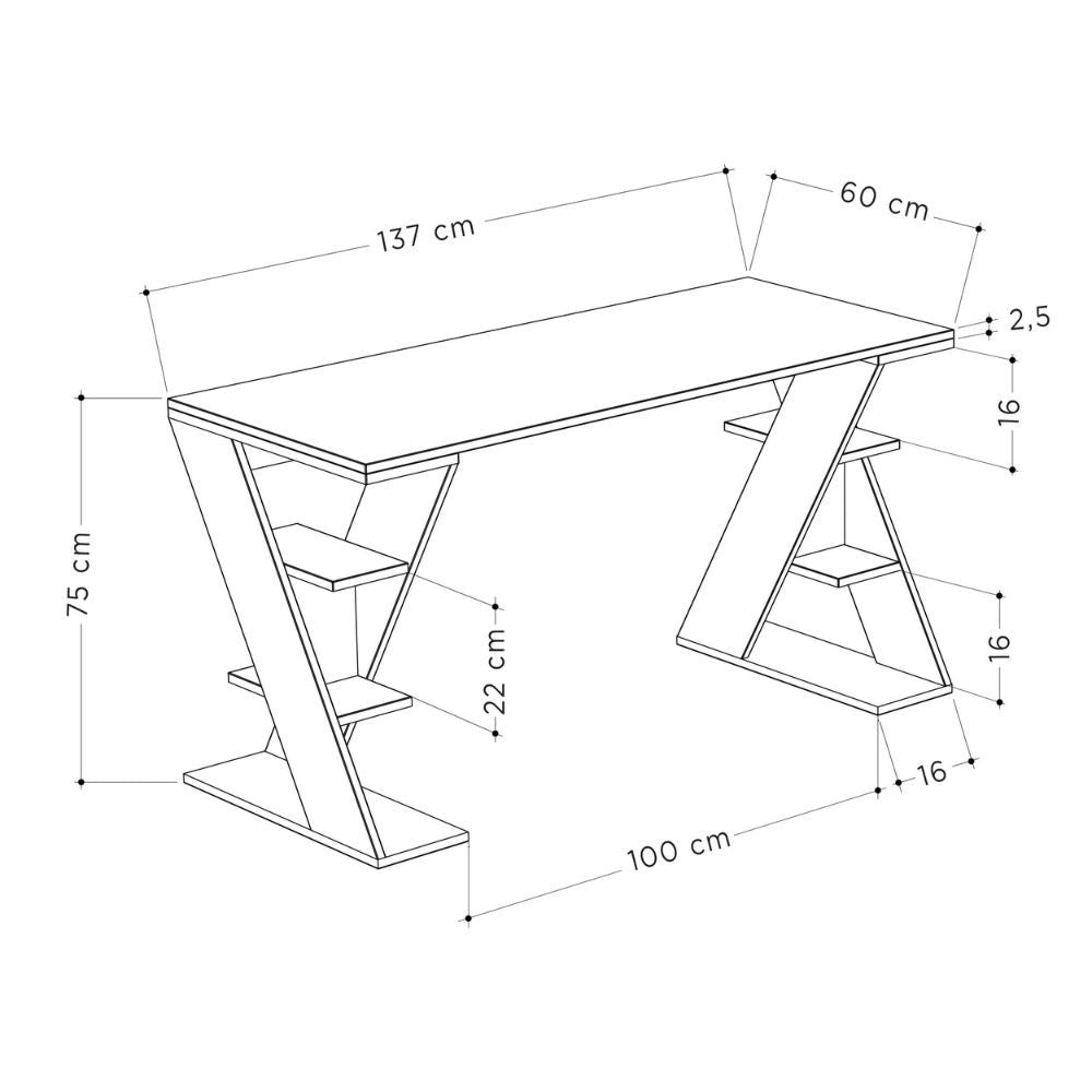 Scrivania Papillon bianca e antracite con gambe a X e ripiani integrati 137x60x75