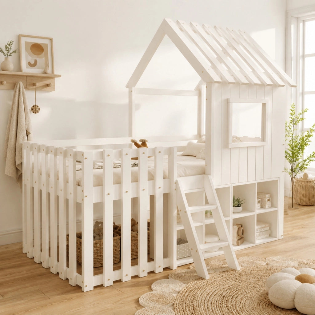 Letto a soppalco per bambini 90x200 cm con tetto e contenitori; bianco