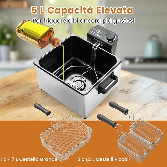 2000W Friggitrice Elettrica in Acciaio Inox 5L, Friggitrice Olio con 3 Cestelli, Temperatura Regolabile Fino a 190 °C e Coperchio Visibile