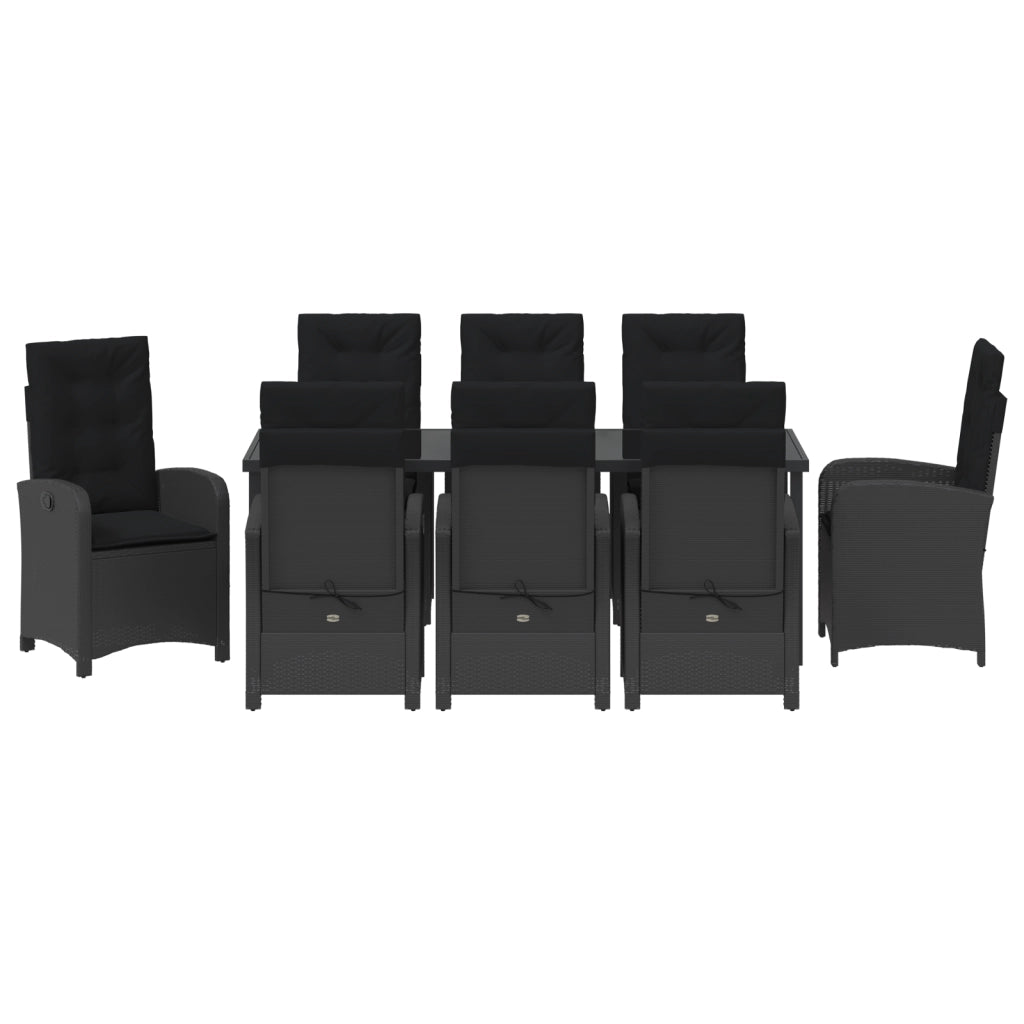 Set da Pranzo da Giardino 9 Pezzi con Cuscini Nero in Rattan Poliestere