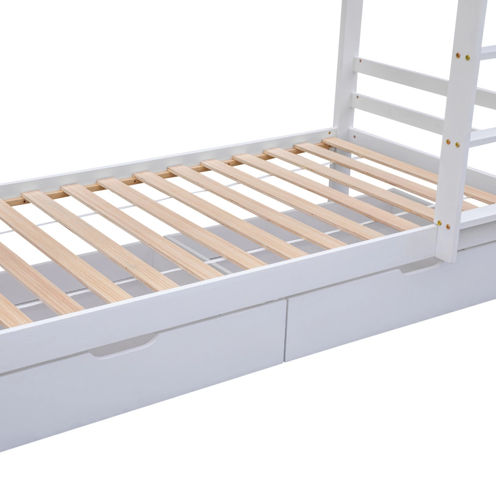 Letto a castello 90 × 200 cm con cassetti e ripiani scala ad angolo a tre gradini in legno bianco