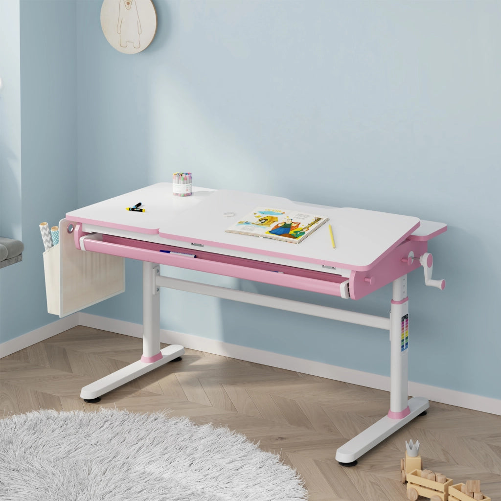 Scrivania Kuosa per Cameretta Regolabile in Altezza con Piano 120 x 60 cm e Cassetto - Rosa/Bianco [en.casa]