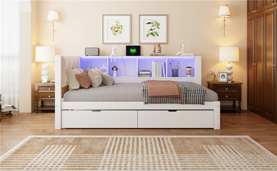 Letto singolo 90 × 200 cm con 2 cassetti, ripiani laterali, LED dimmerabile e USB, senza materasso, bianco
