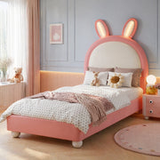 Letto imbottito per bambini 90x200 cm con testiera coniglio e LED rosa e bianco
