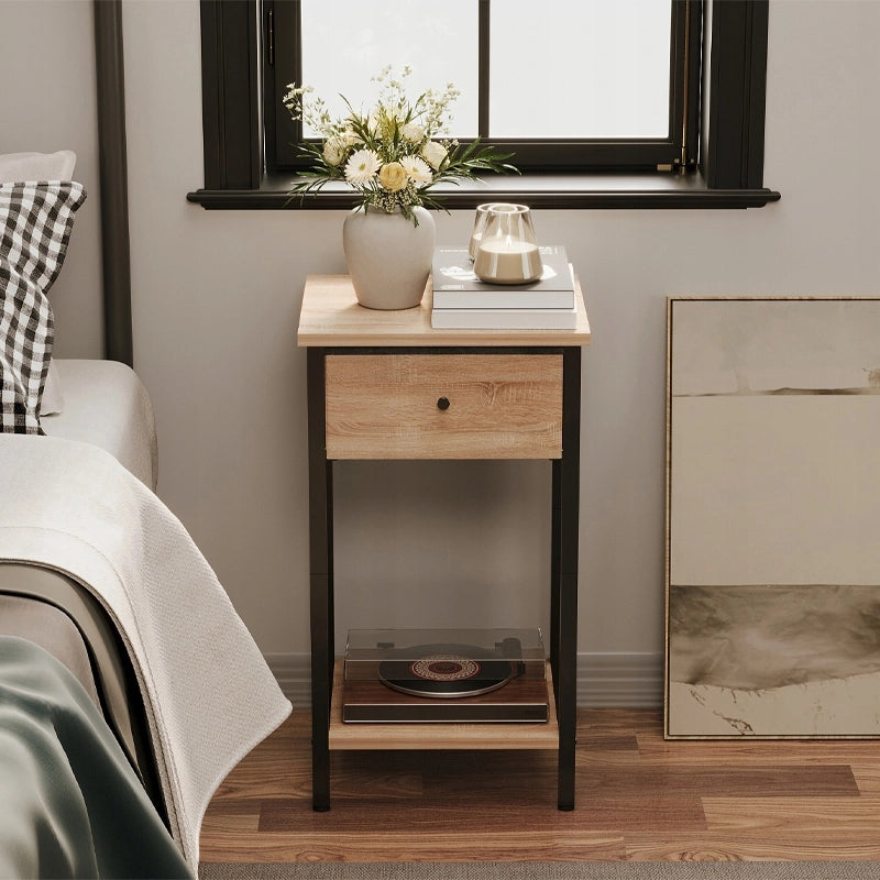 Comodino con cassetto e ripiano marrone chiaro mobiletto loft industriale