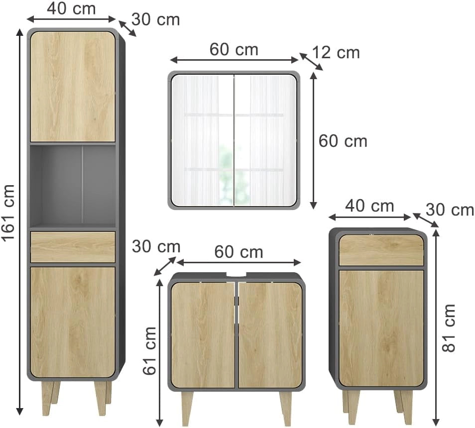 Set di mobili da bagno Arla, Antracite/quercia, 60 cm, composto da mobile lavabo, pensile a specchio, colonna e base media