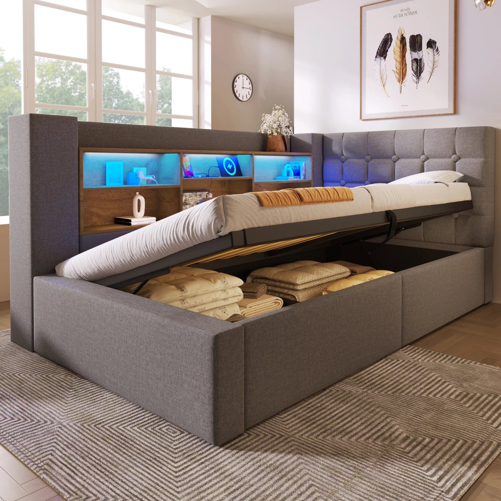 Letto imbottito con contenitore e illuminazione LED