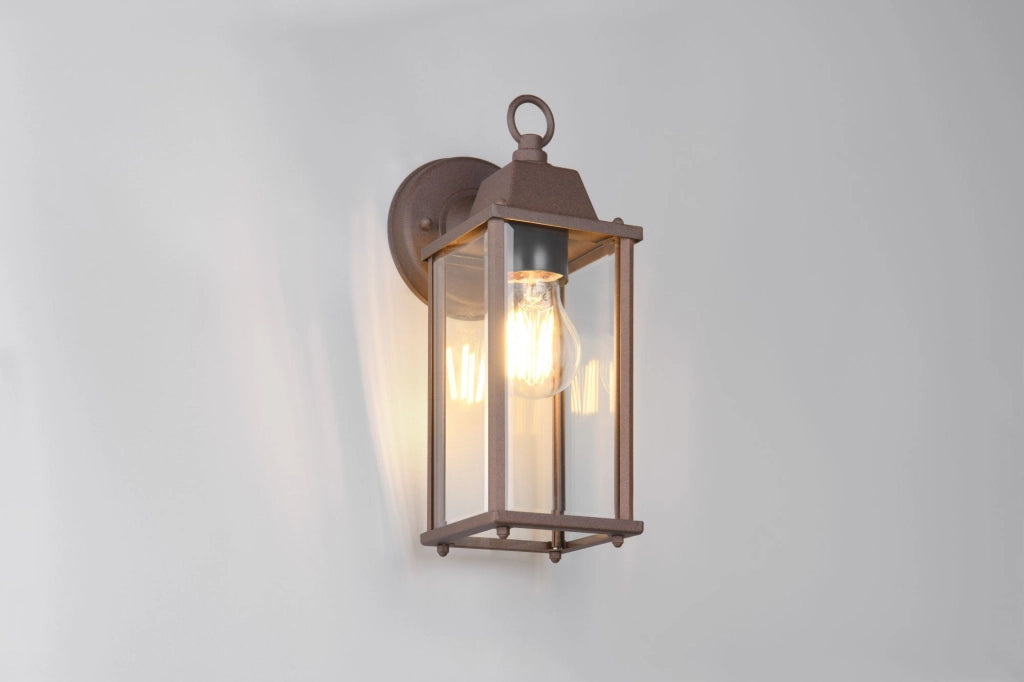 OLONA APPLIQUE DA ESTERNO DOWN FUSIONE DI ALLUMINIO VERNICIATA EFFETTO RUGGINE CON DIFFUSORE VETRO TRASPARENTE IP23 H.29,5CM  1 LUCE ATTACCO E27