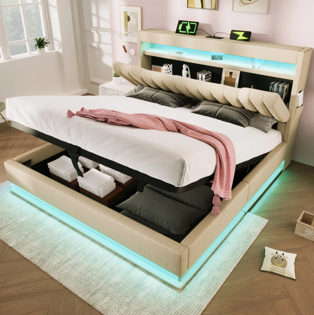 Letto matrimoniale 140x190 cm con contenitore; testiera con USB e Type-C; LED; beige in lino