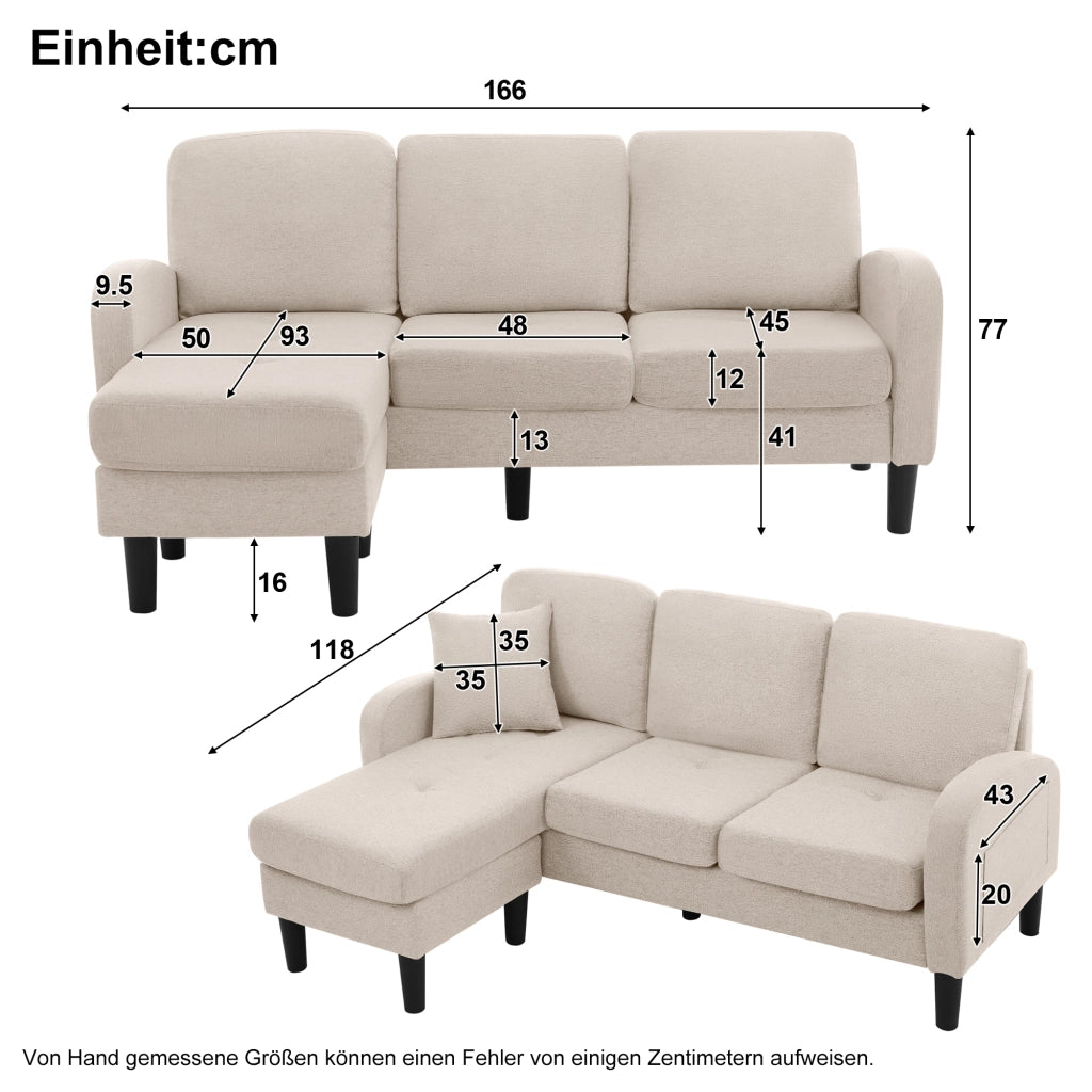 Divano angolare 3 posti - Xylo - 166x118x77cm Tessuto di cotone traspirante Beige