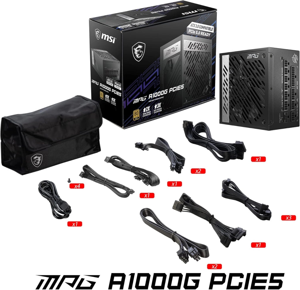 MSI MPG A1000G PCIE5 Alimentatore con spina EU, 1000W, certificato 80 Plus Gold, ATX 3.0 completamente modulare, supporto GPU PCIe 5.0, condensatori giapponesi da 105°C, cavi piatti – garanzia 10 anni