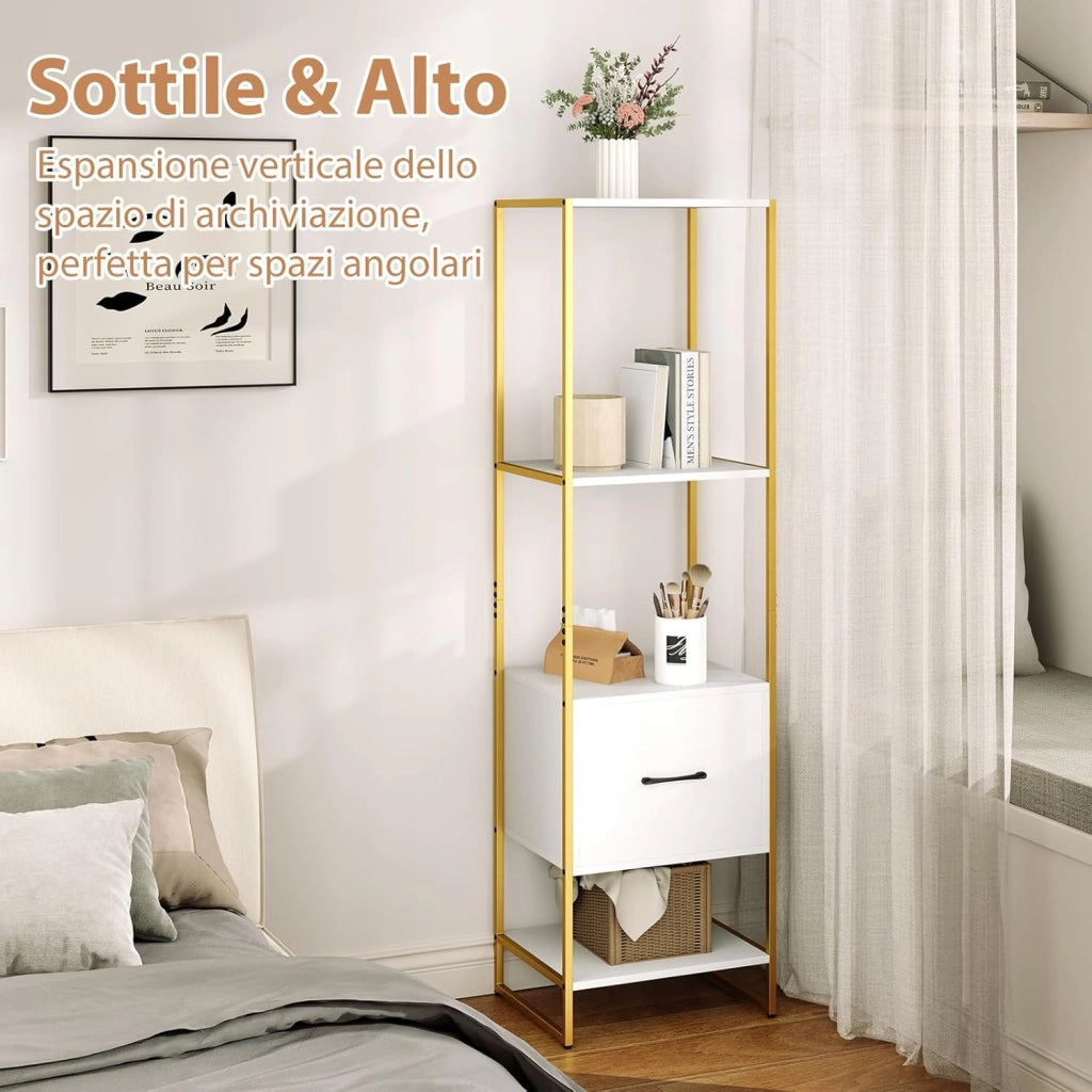 Libreria a 5 Ripiani con Cassetto, Scaffale di Stoccaggio con Struttura in Metallo e Kit Antiribaltamento, Unità Espositiva Autoportante per Camera da Letto Soggiorno, 45x35x160 cm (Bianco)