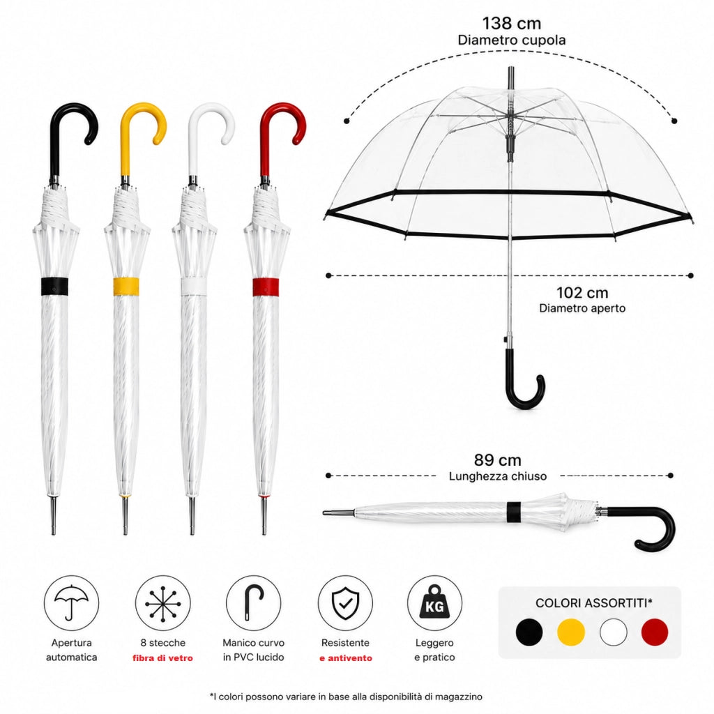 Kit 4 Ombrelli Automatici Trasparenti Colorati 8 Stecche Fibra Antivento Uomo Donna