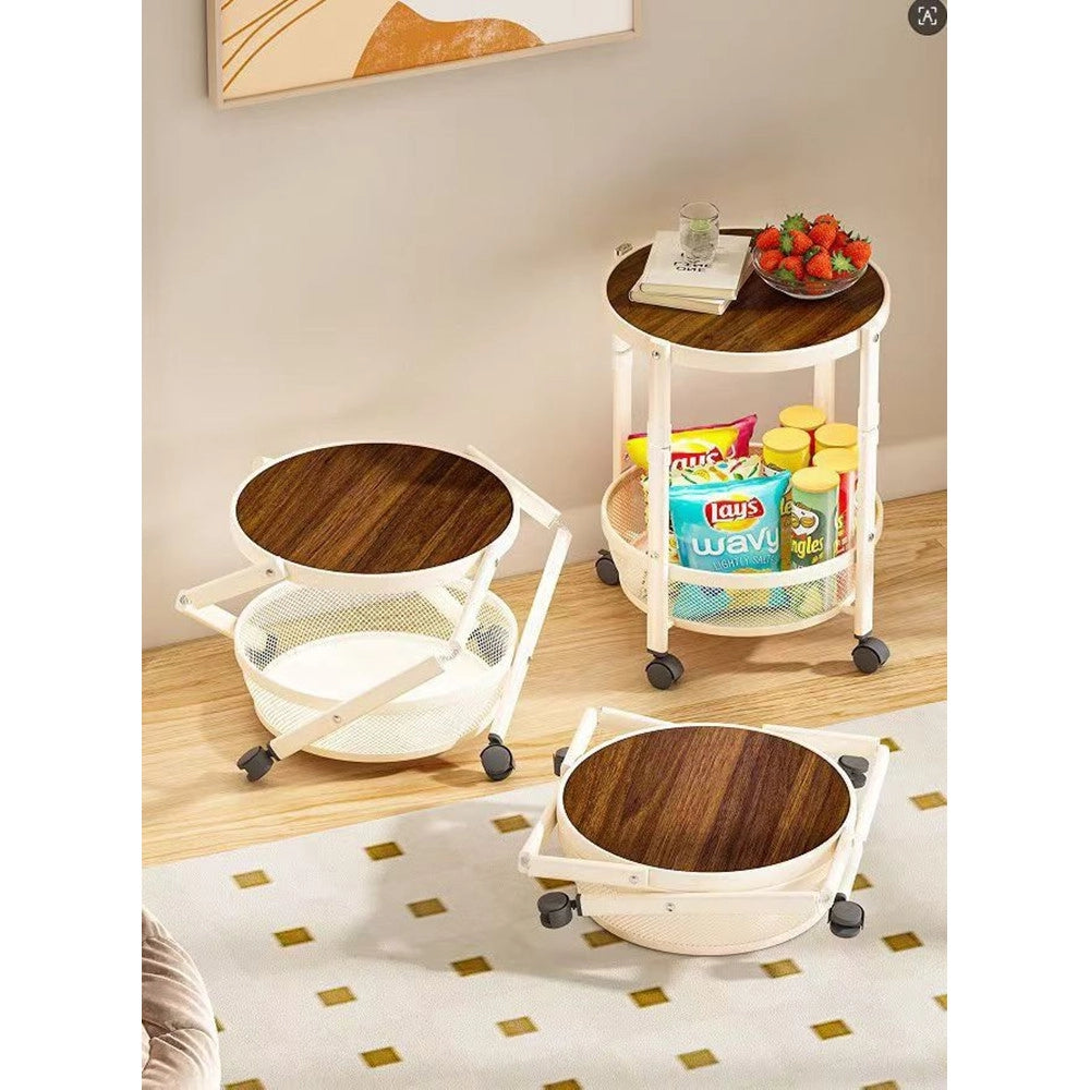 Trade Shop - Tavolo Rotondo Design Pieghevole Multiuso Carrello A 2 Livelli Ripiani Con Ruote 52x32cm -