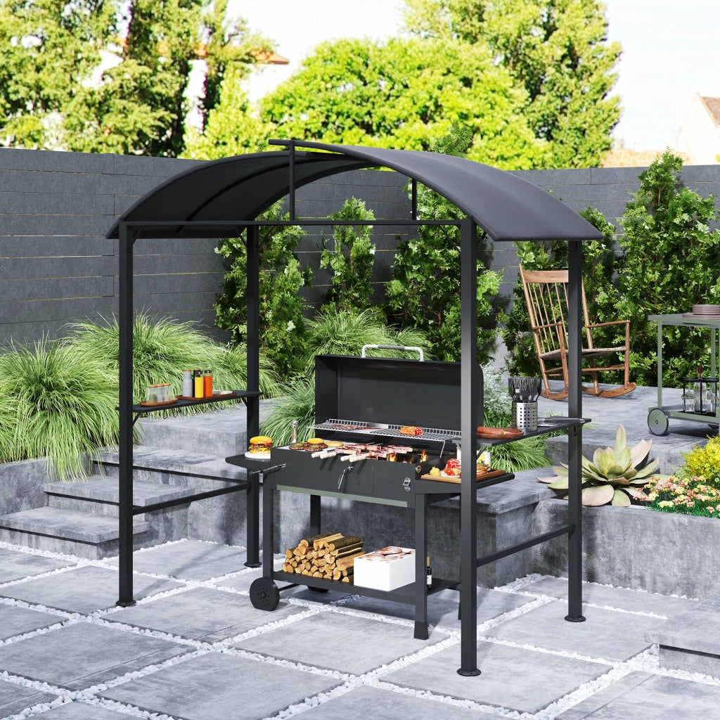 Pergolato Da Barbecue Con Doppio Tetto E Ripiani – 233 X 110 X 235 Cm – Acciaio – Grigio Scuro – Ventilazione Per Griglia