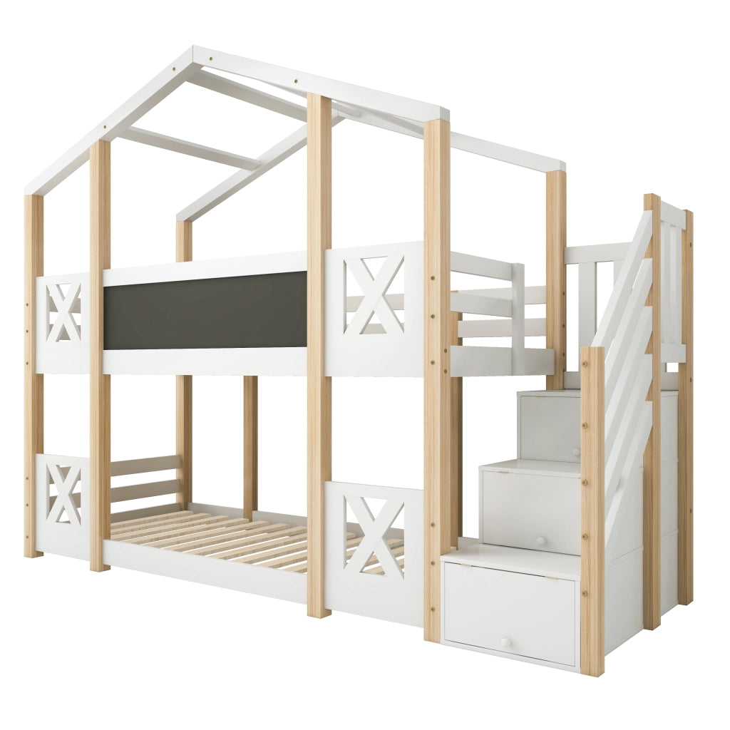 Letto a castello per bambini 90x200 cm con scala contenitore, design casetta, bianco/naturale