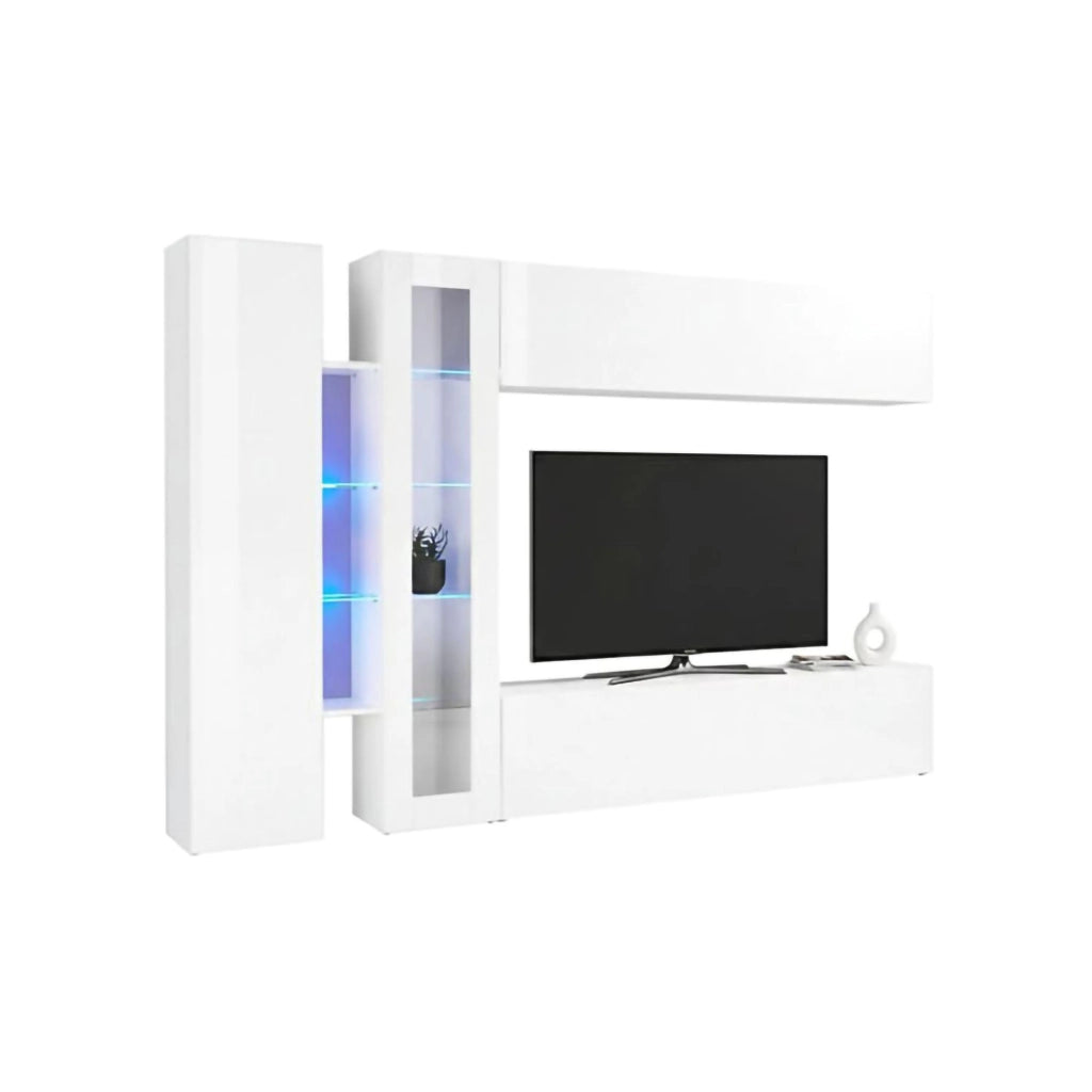 Parete attrezzata Annie, Set salotto porta TV a 4 ante, Mobile soggiorno multiuso, 100% Made in Italy, cm 280x30x180, Bianco lucido