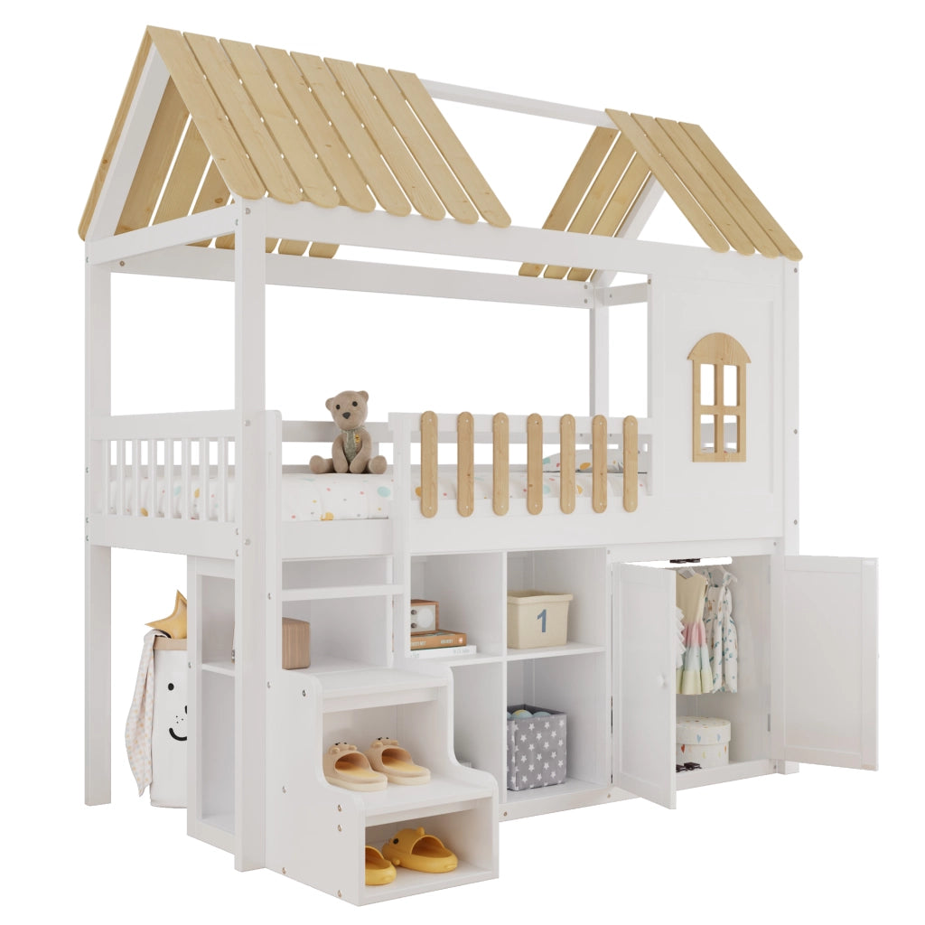 Letto a Soppalco 90x200 cm; Armadio; Scaffale Aperto e Finestra - Bianco e Naturale