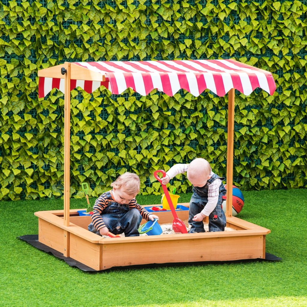 Sabbiera per Bambini in Legno con Tettuccio Regolabile, Sedute e Vaschette, 107.5x107.5x100 cm